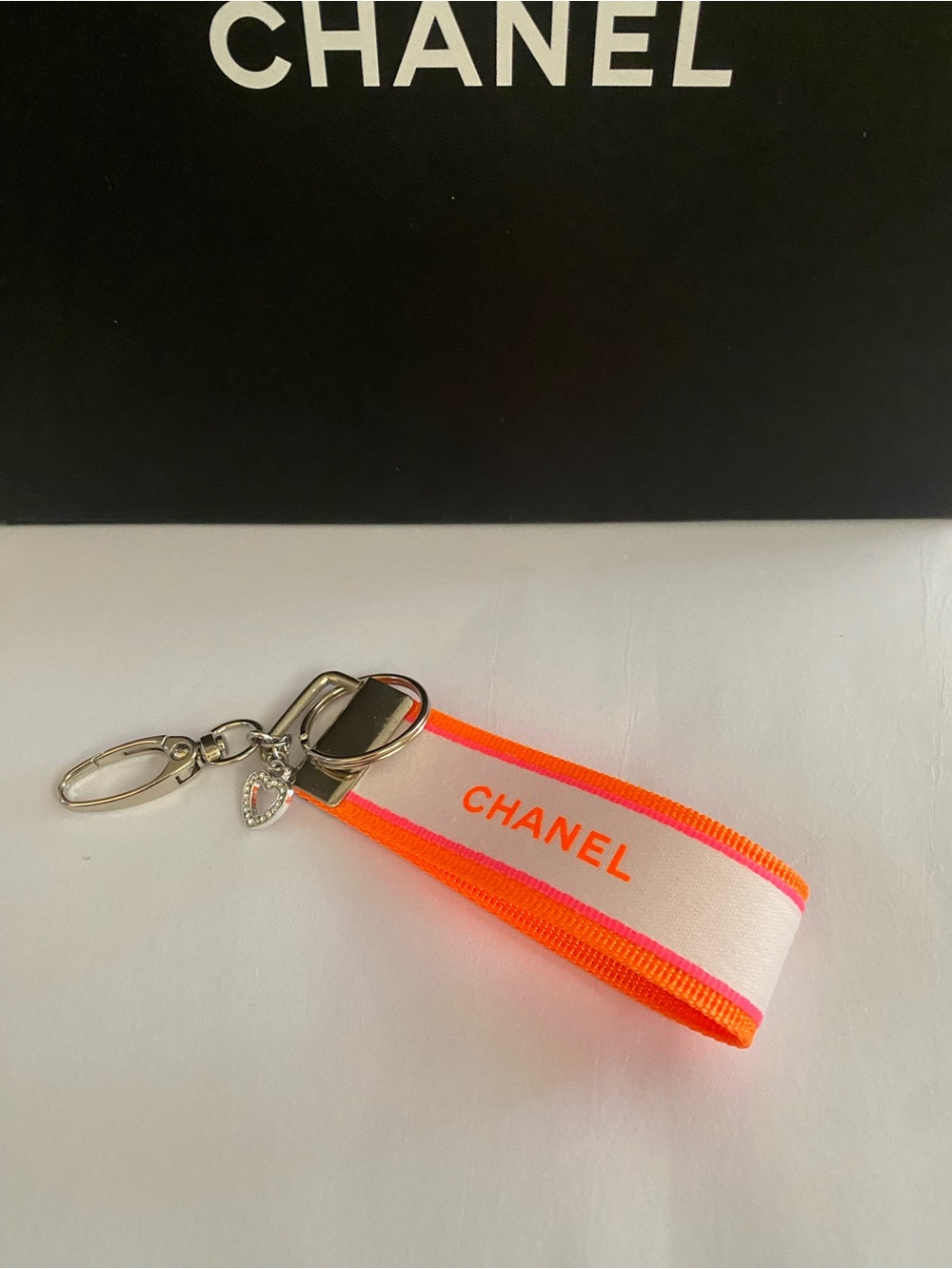 CHANEL Ribbon Neon Orange Ribbon Keychain